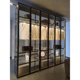 定制轻奢钢化玻璃衣柜家用卧室现代简约L型转角衣帽间衣橱铝合金