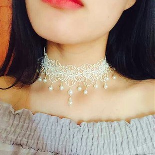 白色黑色蕾丝宽颈带脖链韩国珍珠简约气质百搭项圈女颈饰遮疤项链