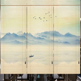茶室禅意日式 竹帘窗帘卷帘家用山水印花新中式 升降遮光隔断门帘子