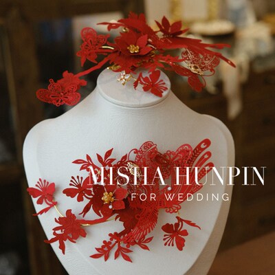 新娘结婚汉服旗袍秀禾服剪纸工艺花片发簪红色发饰盘发边夹头饰