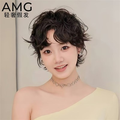 假发女短发全头套真人发丝微烫卷夏季轻薄永久短卷发自然假发套