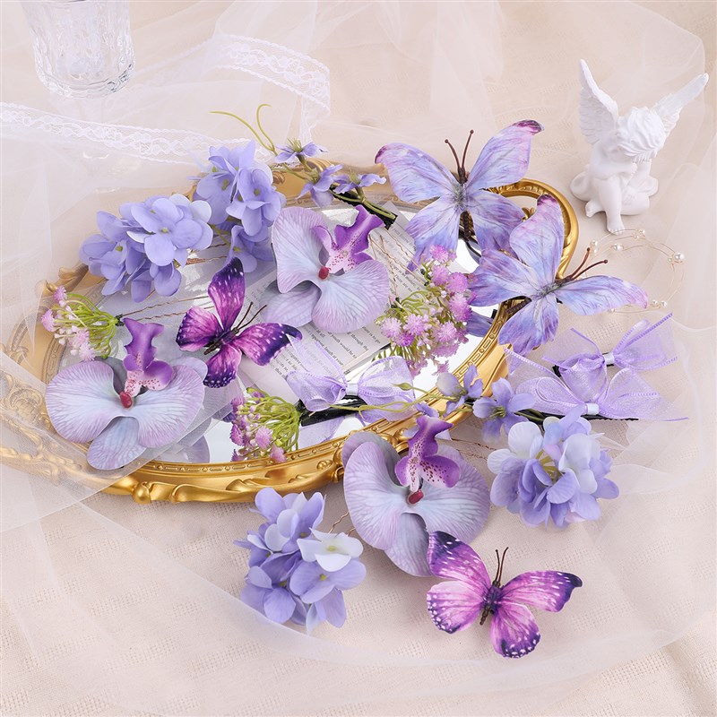新中式簪花发饰紫色花朵蝴蝶发夹发钗套装仙气古风拍照汉服头饰女
