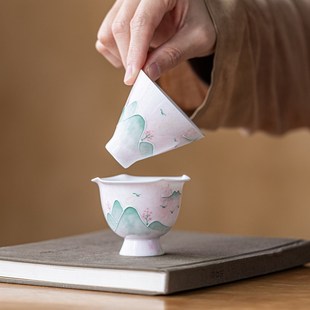 画续白瓷粉黛手绘远山主人杯斗笠杯功夫茶具单杯陶瓷品茗对杯礼装