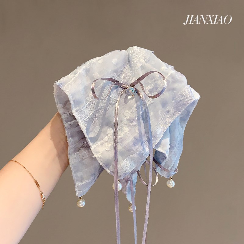 高级感浅蓝色飘带个性方巾蝴蝶结马尾发夹时尚气质后脑勺发抓头饰