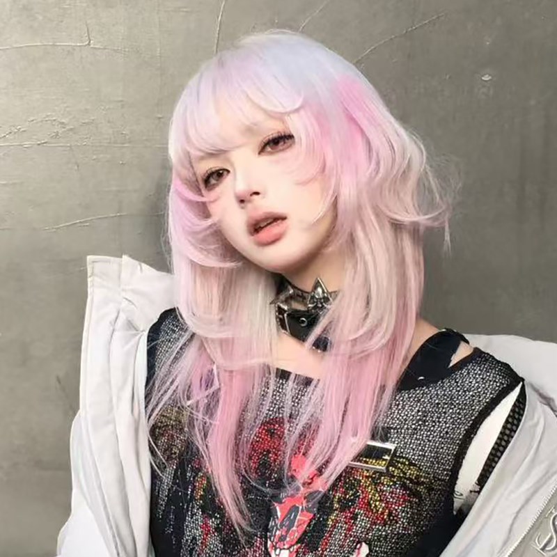 粉色假发女高层次长发全头套银白色渐变齐刘海中长锁骨发浅色亚比