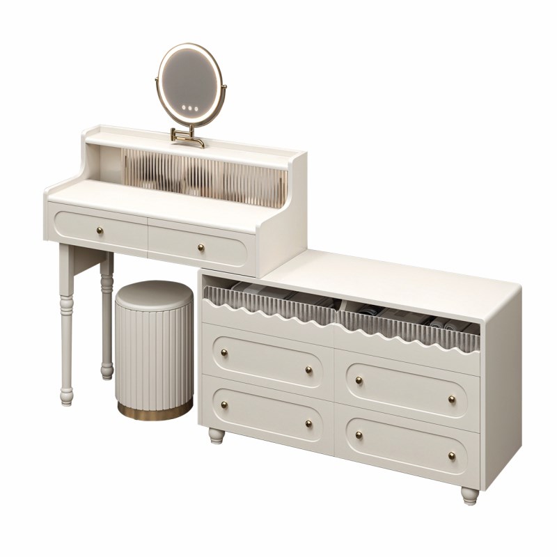 实木烤漆梳妆台斗柜一体奶油风简约韩式轻奢高级感新款白色化妆桌