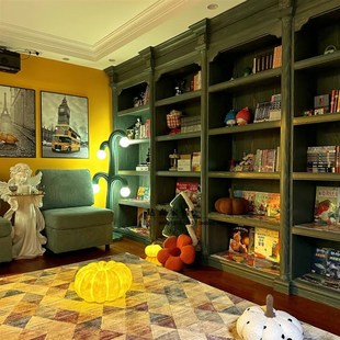 法式复古带梯书柜美式实木雕花靠墙组合储物陈列柜客厅展示柜酒柜