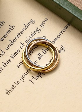 2024新款三环三圈三色食指指环小众钛钢设计感戒指女轻奢高级感