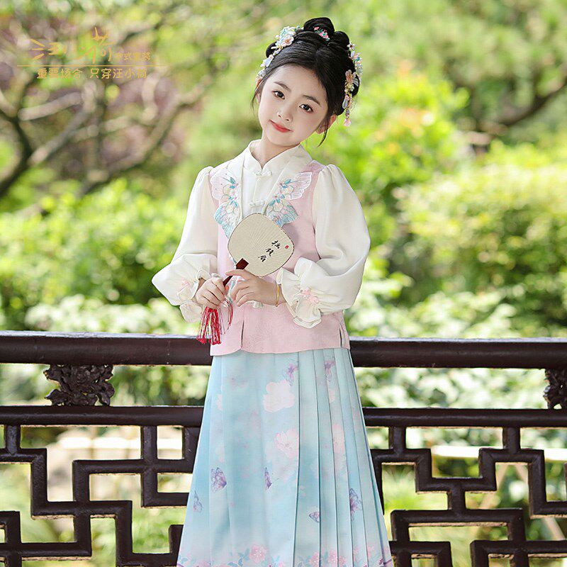 汪小荷汉服女童霜染春季新款马面裙套装高端汉服中国风古装童装