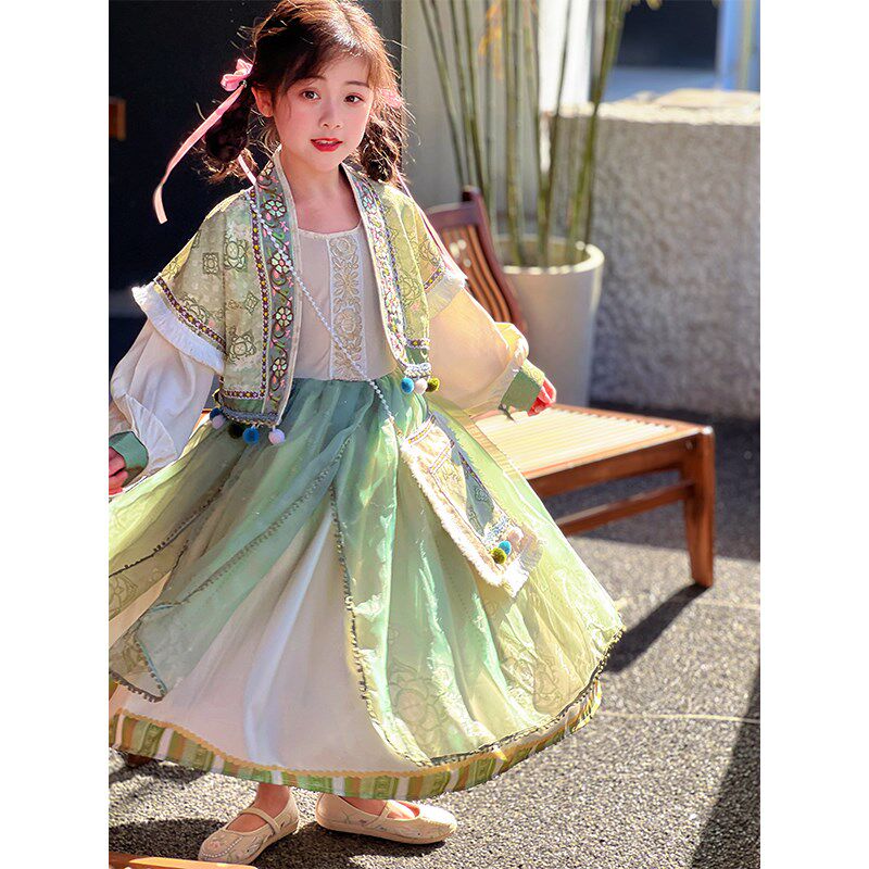 女童汉服2024春季新款儿童中国风马甲连衣裙包包女宝宝古风三件套