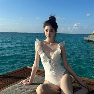 正货特价 乳白色 女游泳衣小胸深V荷叶边小胸简约三角水果温泉泳装