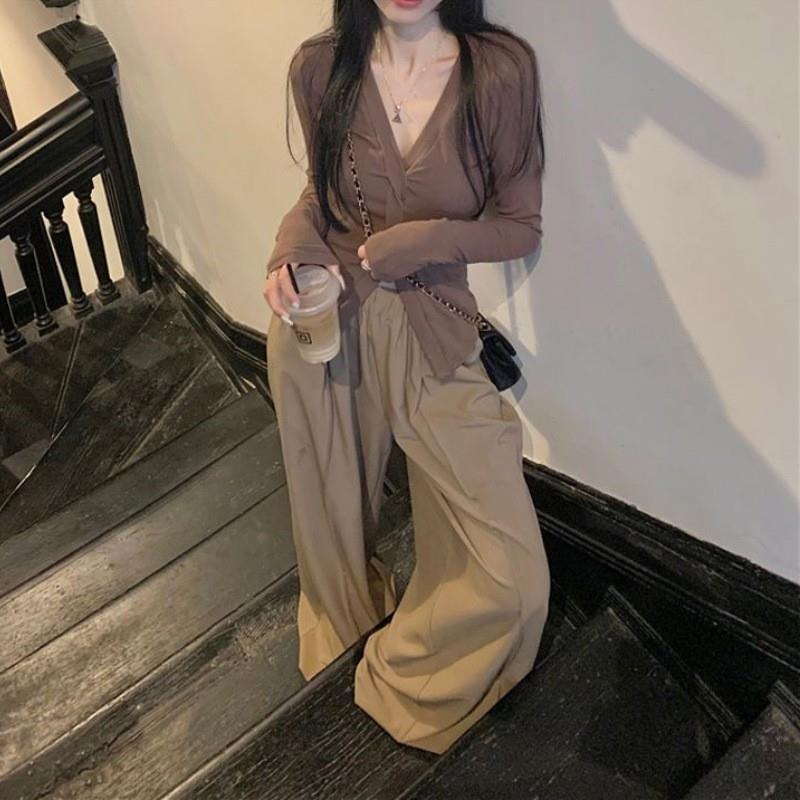 正货慵懒风时尚休闲轻熟套装V领上衣打底女装秋秋阔腿裤长裤子两