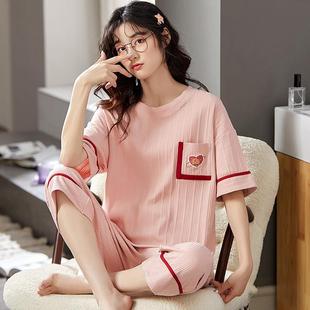 夏季 卡通睡衣套装 正品 短袖 可外穿甜美 棉女士七分裤 家居服夏天薄款