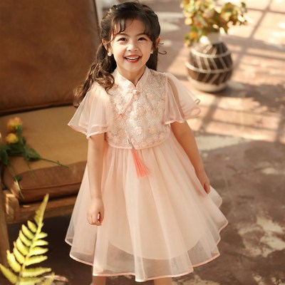 女童中国风连衣裙短袖裙2023夏季中大童复古风裙儿童网纱蕾丝裙子