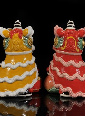 石湾公仔陶瓷醒狮摆件家居装饰客厅玄关舞狮摆设乔迁新居生日礼物
