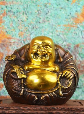 纯黄铜小弥勒佛车载摆件元宝卧佛大肚弥勒笑佛客厅办公室家居装饰