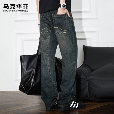 马克华菲高街美式潮牌牛仔裤男复古水洗做旧vibe刺绣宽松微喇裤子