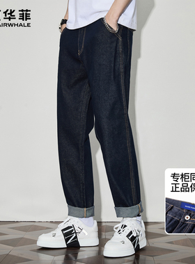 马克华菲牛仔裤男士秋冬复古潮牌高街丹宁原色加绒直筒宽松长裤子