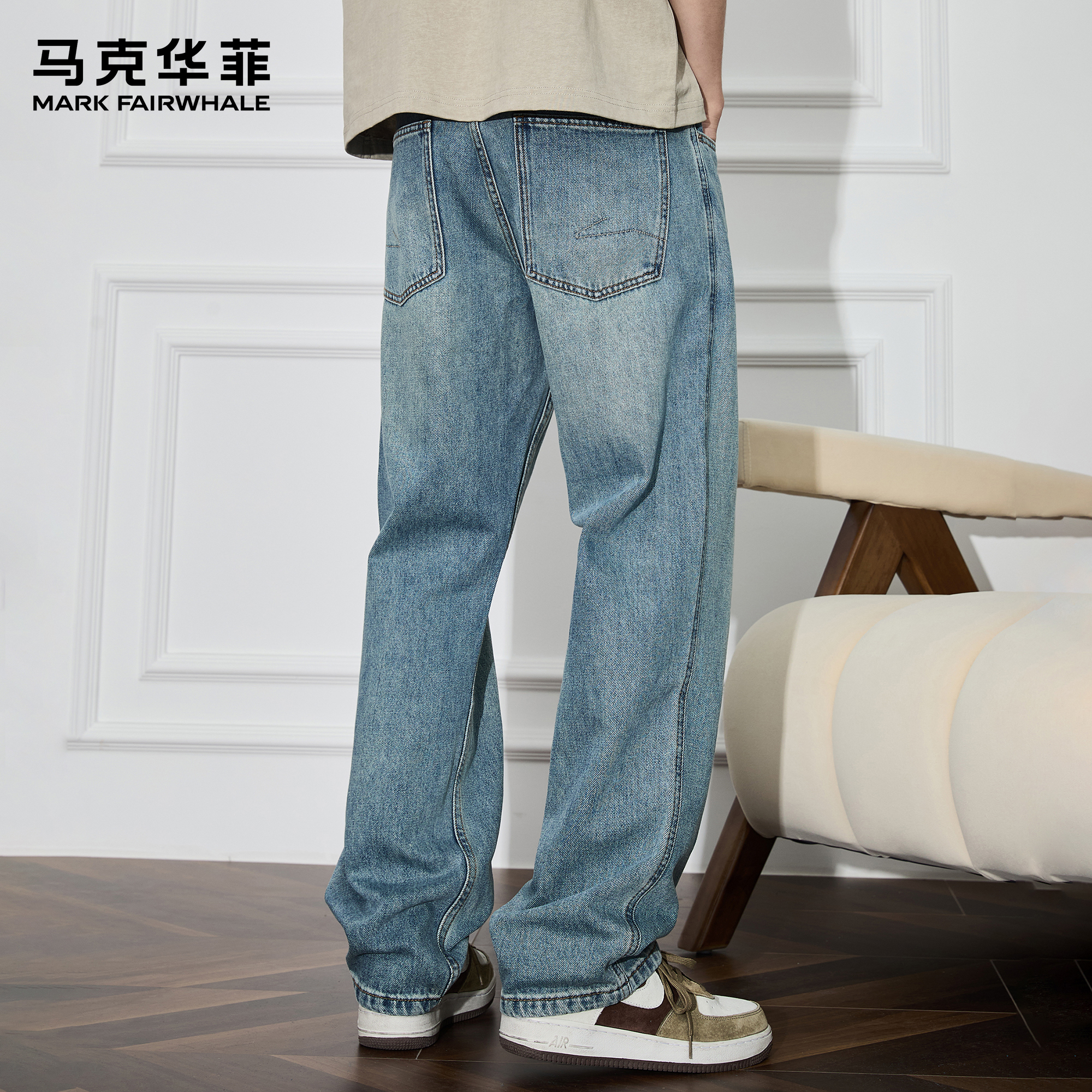 马克华菲美式复古牛仔裤男款夏季潮流宽松水洗cleanfit做旧阔腿裤