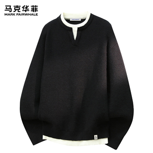 马克华菲毛衣男秋冬新款潮牌美式假两件男生加绒保暖宽松针织衫