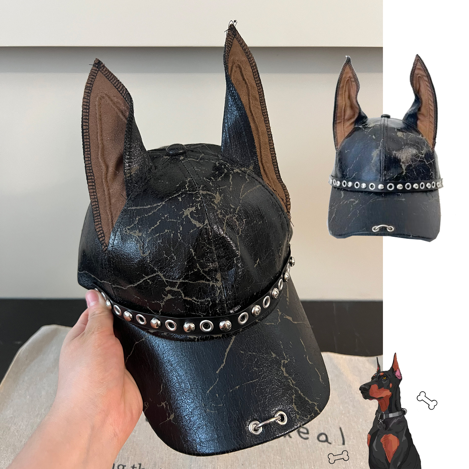 原创个性暗黑杜宾狗耳朵棒球帽皮质朋克铆钉辣妹打卡拍照鸭舌帽潮