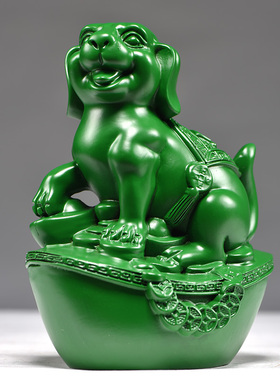 绿色木雕狗摆件十二生肖狗实木头家居客厅电视柜办公室装饰工艺品