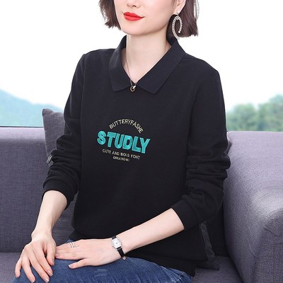 翻领卫衣女2024春秋装新款中老年妈妈装纯棉长袖T恤女洋气上衣服