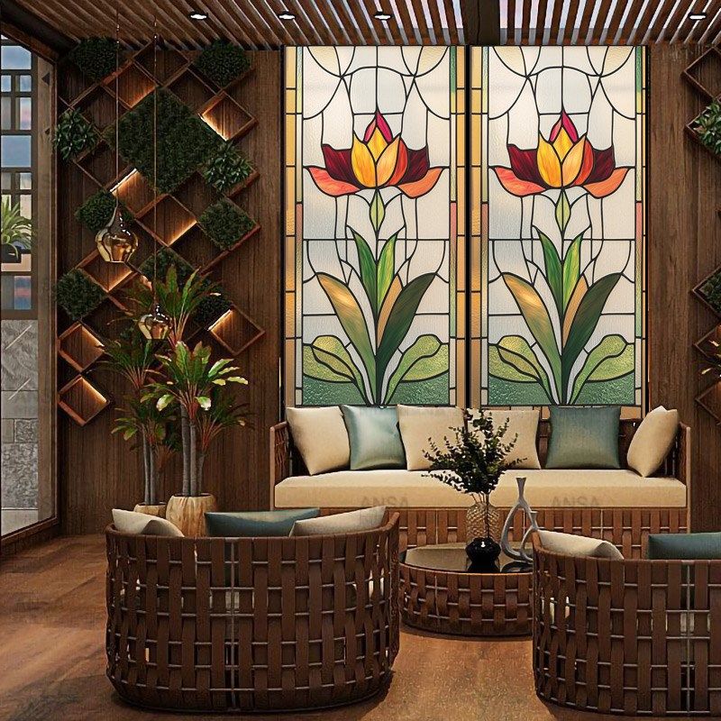 欧式复古彩绘玻璃贴膜仿艺术磨砂窗花纸卫生间阳台厨房窗户玄关画