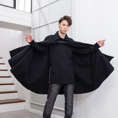 2024冬天中长款无袖披肩斗篷披风大衣外套黑色英伦风青年流行翻领