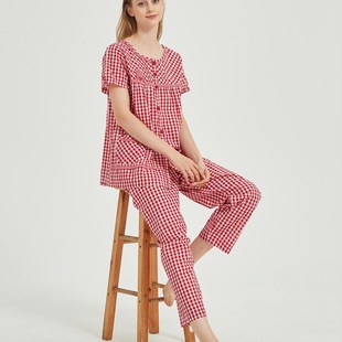 麦可将2023夏季新款女人短袖长裤梭织纯棉布格子宽松可爱睡衣9180