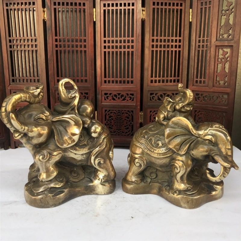 仿古收藏纯铜大象摆件一对铜子母大象葫芦大象家居店铺工艺品摆设