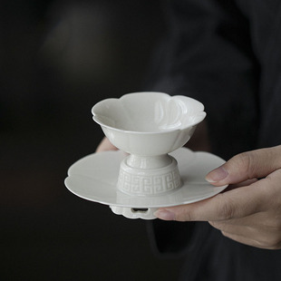 仿宋手工浮雕莲花盏杯功夫茶具陶瓷高足主人杯茶杯品茗杯茶盏