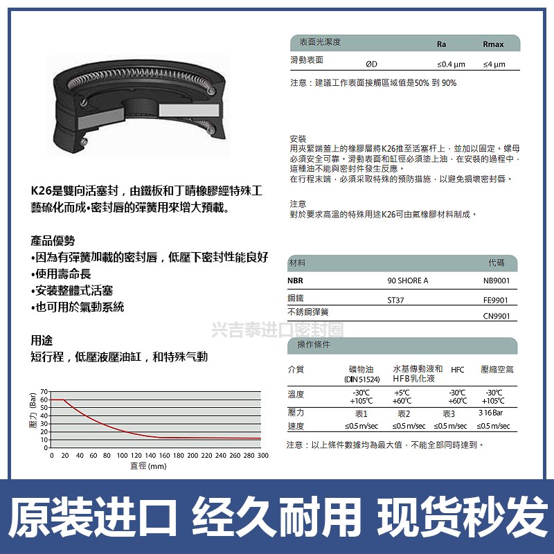KASTAS-K26缓冲气缸整体活塞密封圈90 12 35双向橡胶骨架PDF油封D