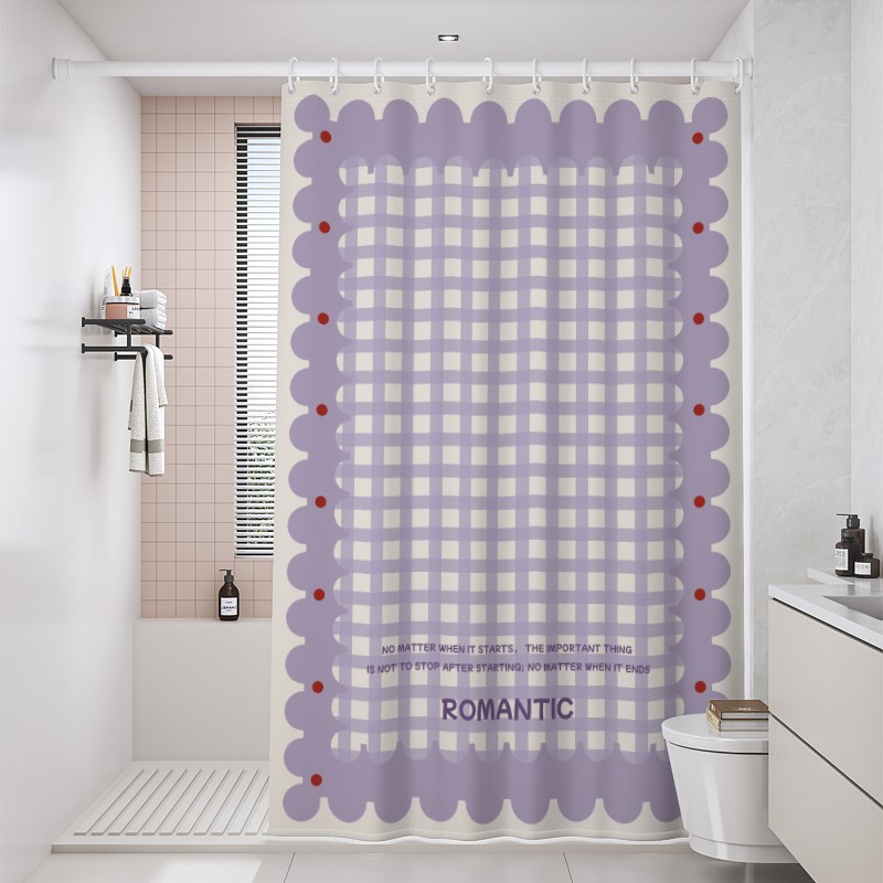 格子浴帘浴室防水帘子卫生间隔断淋浴拉帘洗澡遮挡防霉套装免打孔