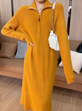 法式半拉链针织连衣裙2023秋冬新款宽松大码纯色中长款翻领毛衣女