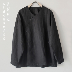 春夏新款亚麻休闲宽松汉服男款衬衫外套青年潮流复古斜襟纯色上衣