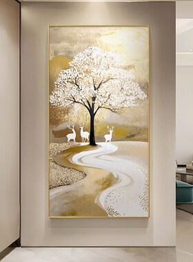 2024新款发财树玄关装饰画寓意好大芬村油画走廊过道壁画手绘挂画