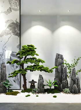 新中式玻璃钢斧劈石假山造景酒店橱窗花园庭院装饰品落地高端摆件