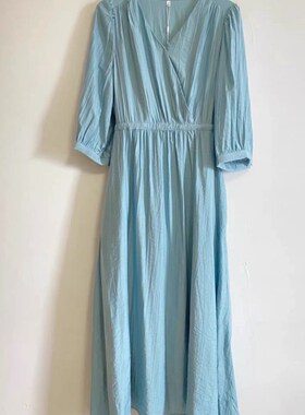 爱yi服 春夏装女士V领过膝气质中长款蓝色长裙气质连衣裙女
