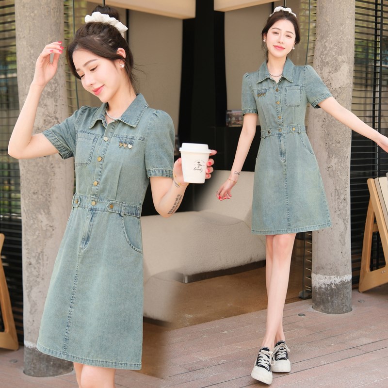 夏季薄款2025年新款短袖收腰显瘦中长款a字裙牛仔连衣裙女小个子