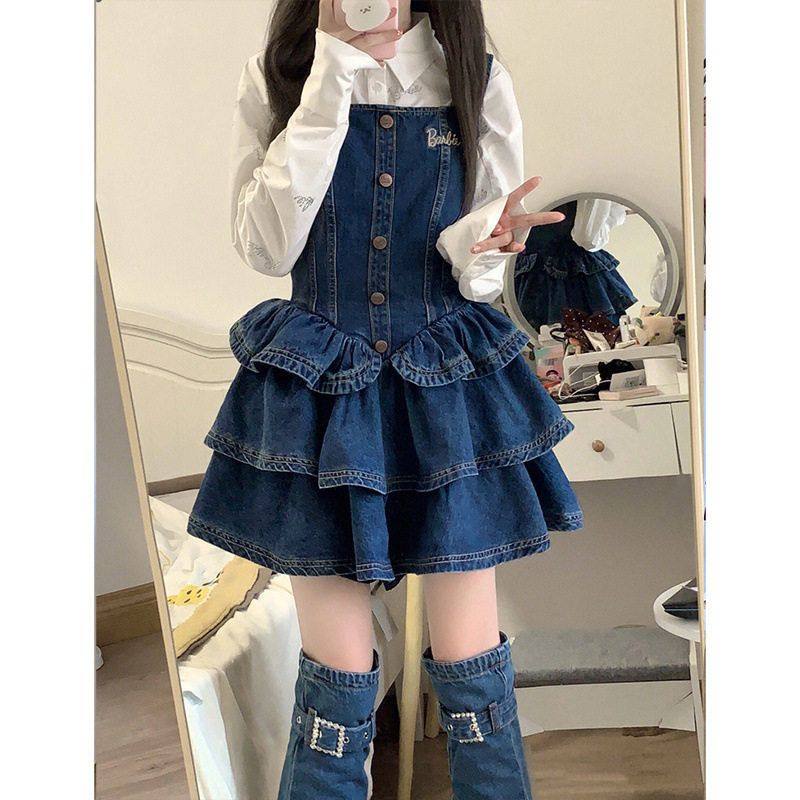 复古牛仔吊带连身裙秋季女装衬衣新款收腰蓬蓬裙子小个子套装裙