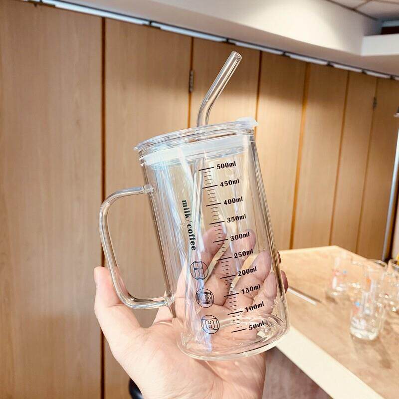 家用水杯男泡茶杯玻璃杯ins风带盖子把吸管简约大容量办公室杯子