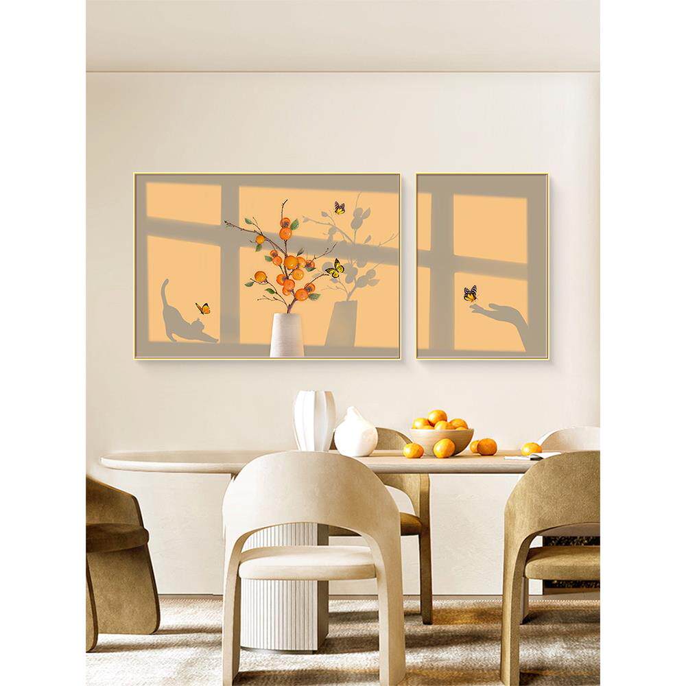 柿柿如意餐厅两联装饰画客厅沙发背景墙挂画现代简约饭厅光影壁画