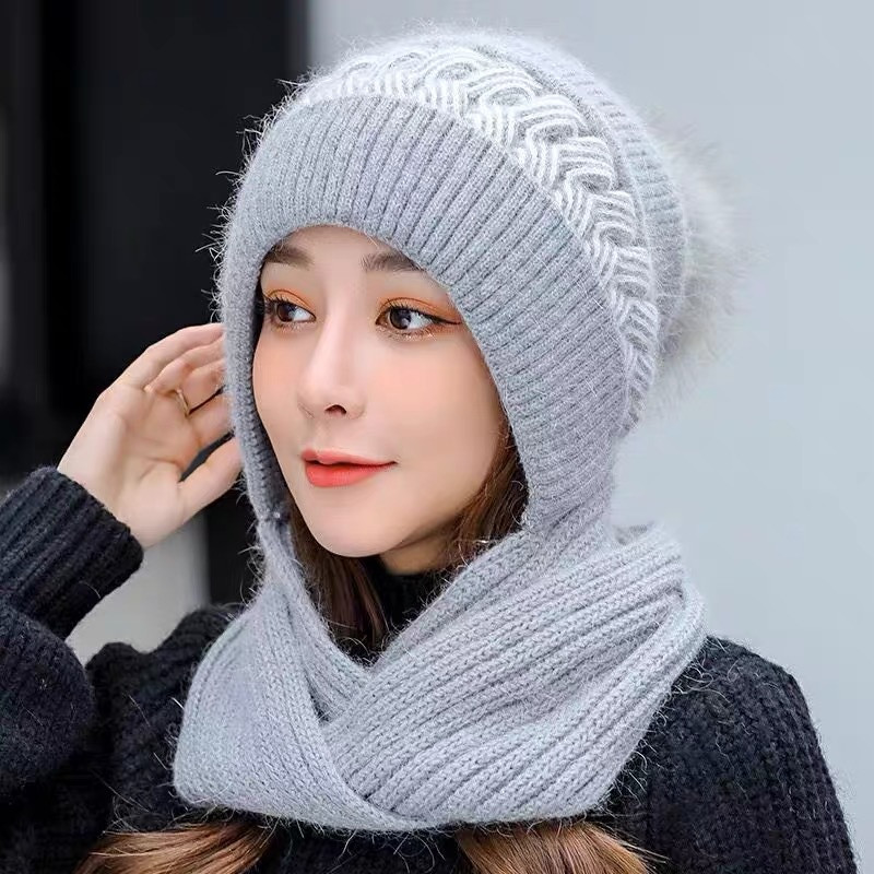 女士韩版围巾一体帽冬季兔毛针织护耳加绒保暖防寒可爱骑车