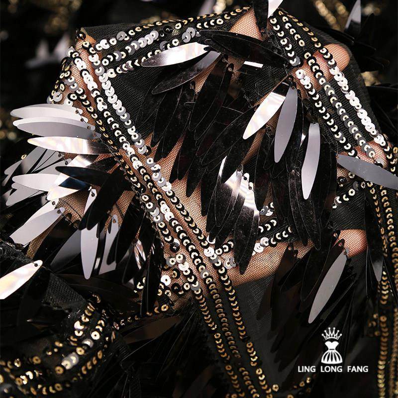 重工黑色亮片流苏格子绣花珠片布料精品礼服演出服装设计师面料