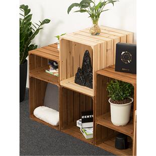 空心实木格子书柜简单组合收纳木盒书架创意床头柜书架落地式收纳