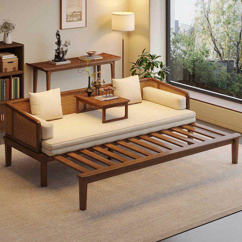 床客厅白伸缩实木罗汉床折叠床床蜡木简约两用新中式沙发藤编推拉