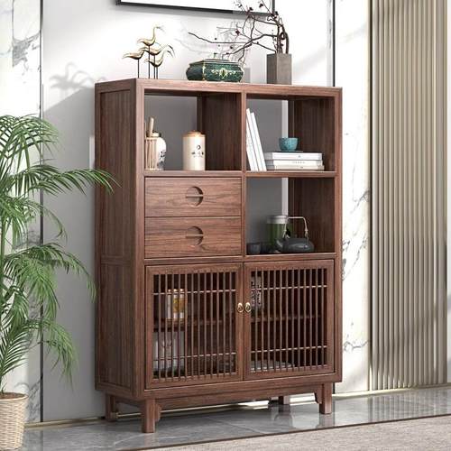 老榆木实木博古架茶室茶叶茶具架多宝阁胡桃新中式餐边柜储物柜