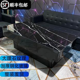 会所酒吧玻璃大理石岩板不锈钢专用茶台桌子 ktv茶几发光奢石欧式