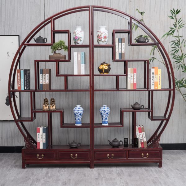 中式大圆形博古架实木双半圆多宝阁茶叶展示隔断菠萝格客厅古董架